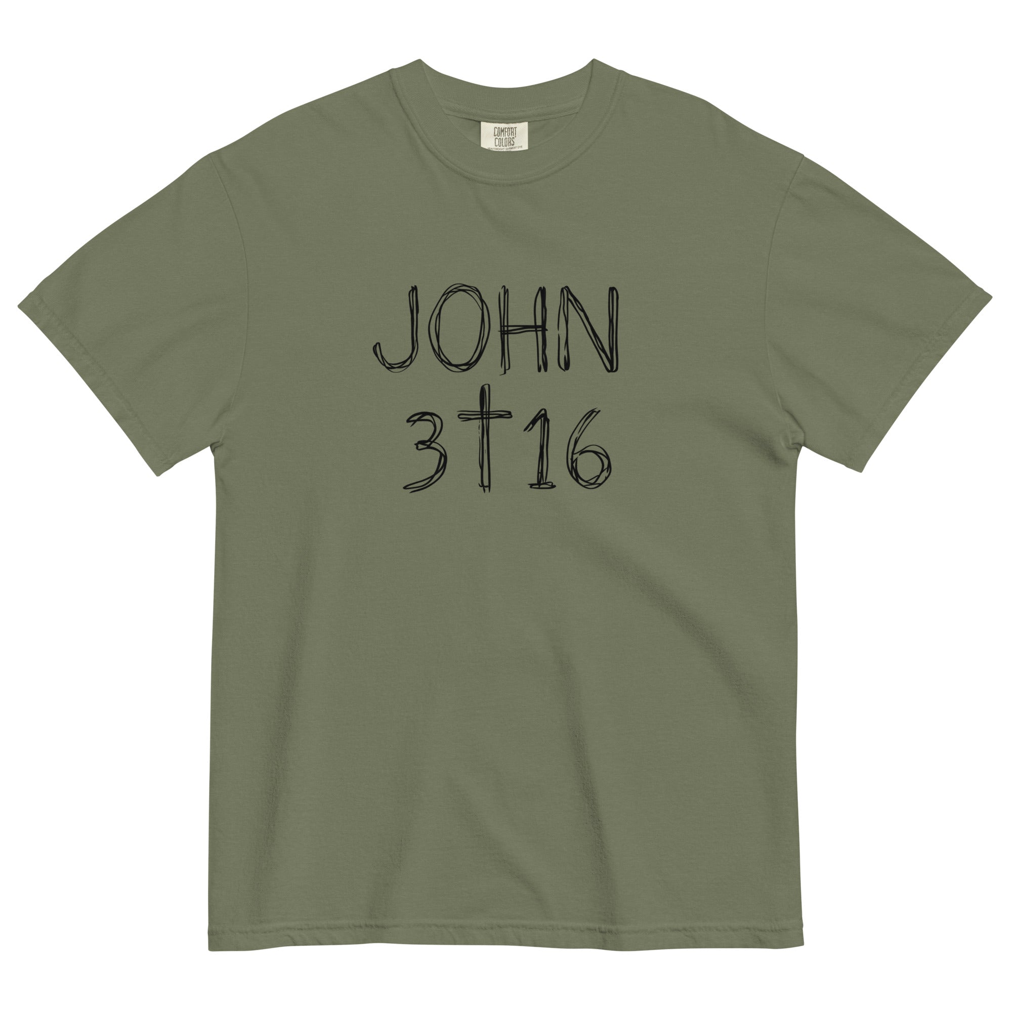 A dark military green short-sleeve crewneck t-shirt with 'JOHN 3 16' text with cross graphic in between the 3 & 16 printed in a black hand-drawn font on the chest, displayed flat against a light cream background.
