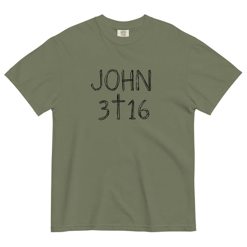 A dark military green short-sleeve crewneck t-shirt with 'JOHN 3 16' text with cross graphic in between the 3 & 16 printed in a black hand-drawn font on the chest, displayed flat against a light cream background.