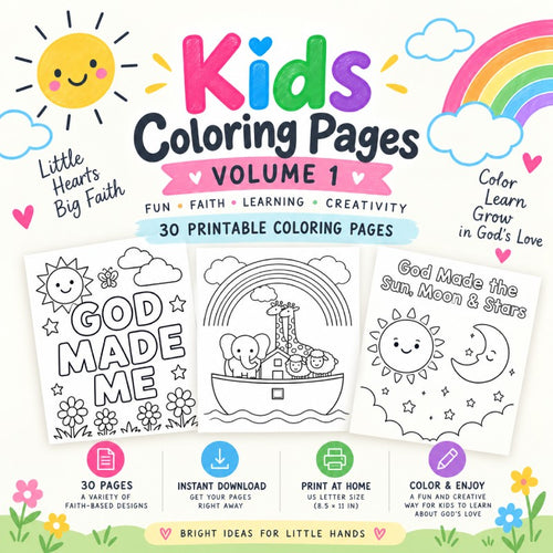 Free 30-page kids Bible coloring pack, Volume 1, featuring colorful promotional graphics and sample pages about God, Noah’s Ark, and creation.