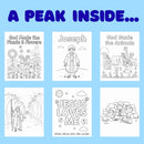 Preview of kids Bible coloring pages featuring Joseph, animals God created, Jesus, Moses, and Bible-inspired scenes.