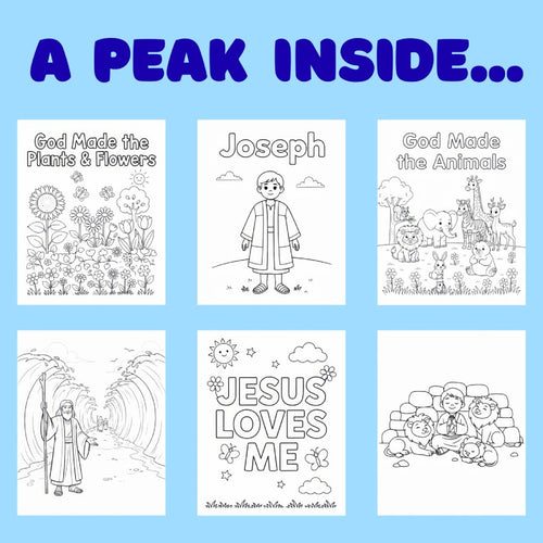 Preview of kids Bible coloring pages featuring Joseph, animals God created, Jesus, Moses, and Bible-inspired scenes.