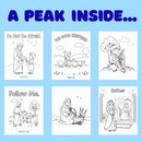 Preview of kids Bible coloring pages featuring Jesus, the Good Shepherd, David playing the harp, Jesus with children, Ruth, and Esther.