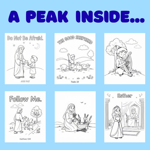Preview of kids Bible coloring pages featuring Jesus, the Good Shepherd, David playing the harp, Jesus with children, Ruth, and Esther.